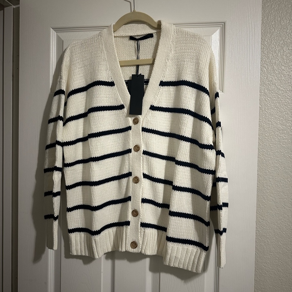 Jenni Kayne Cream Cardigan with Navy Stripes - Picture 5 of 7